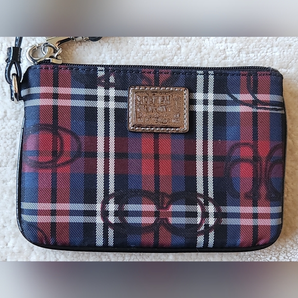 Coach Handbags - Coach Poppy Red Black Navy Shimmering Tartan Plaid Wristlet Wallet Purse EUC